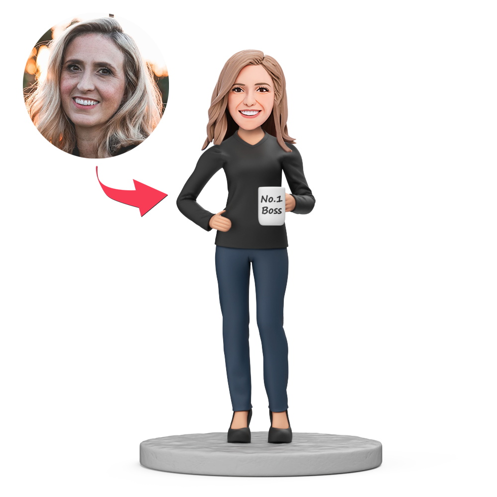 Custom Black Suit Female Boss Holding No1 Cup Custom Bobblehead with Engraved Text Gift for Boss's Day