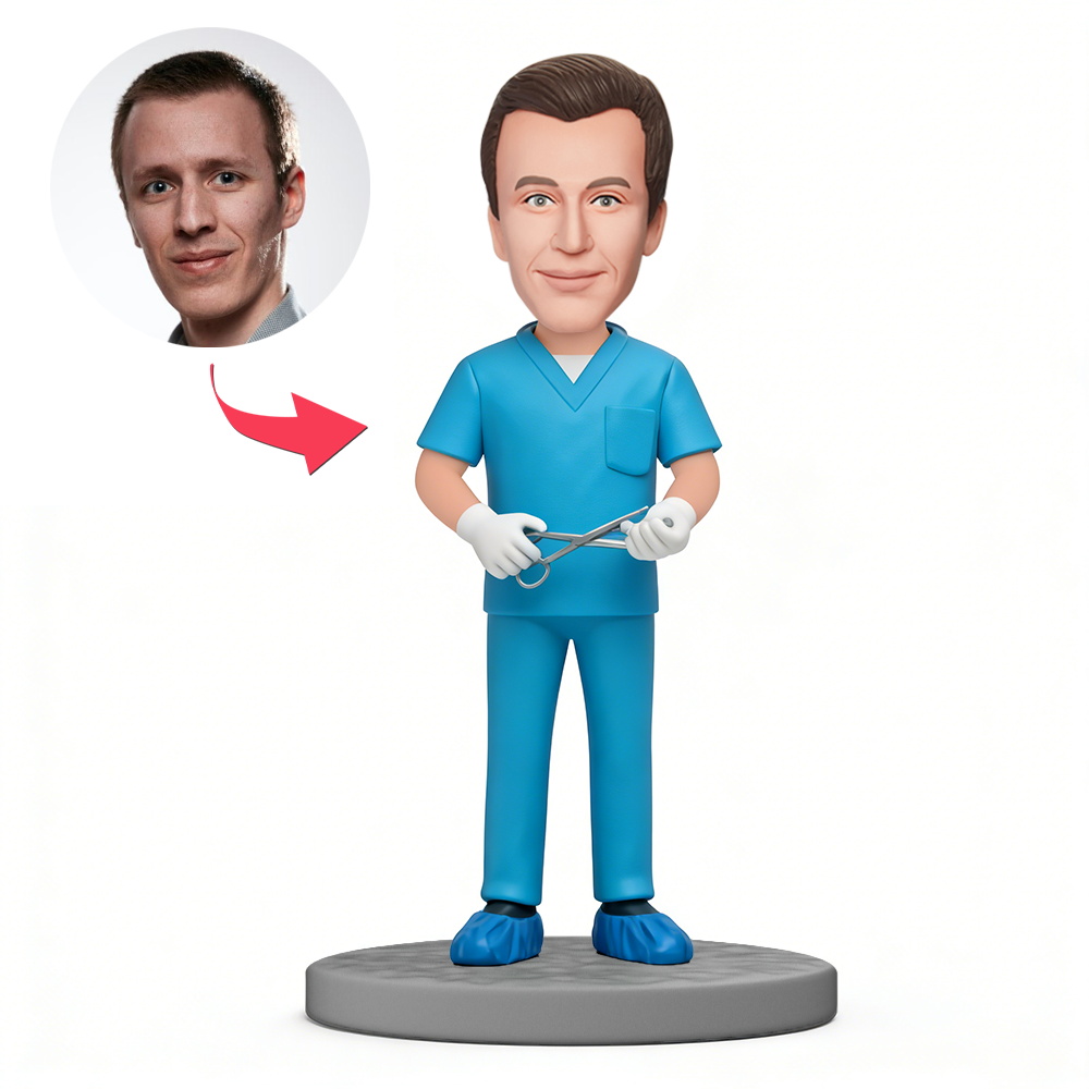 Custom Male Nurse Holding Surgical Scissors Custom Bobblehead With Engraved Text Gift
