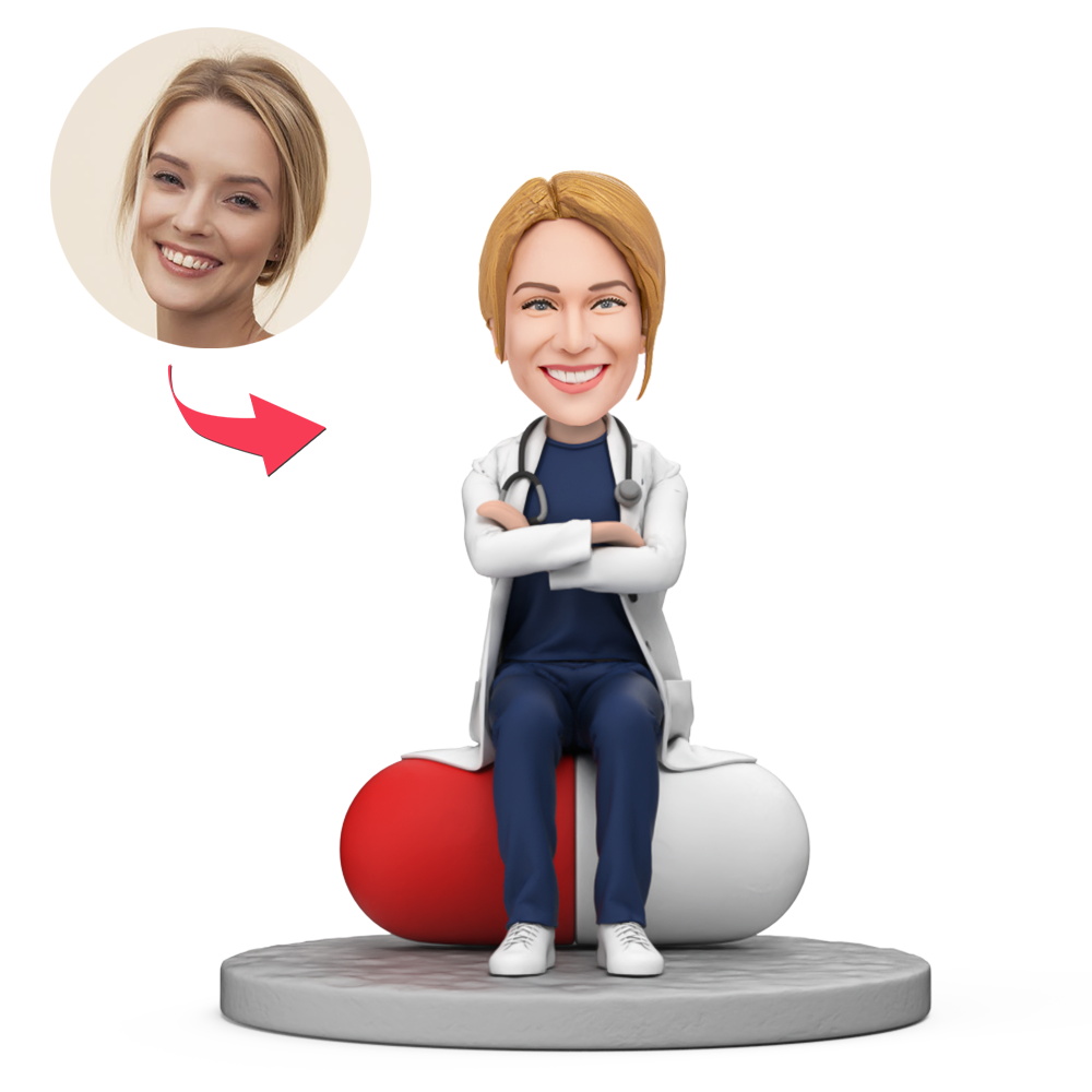 Custom Female Doctor Sitting on Capsule Model With Arms Crossed Custom Bobblehead With Engraved Text Gift