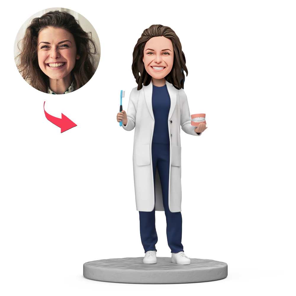 Custom Female Doctor Holding Toothbrush and Dental Model Custom Bobblehead With Engraved Text Gift