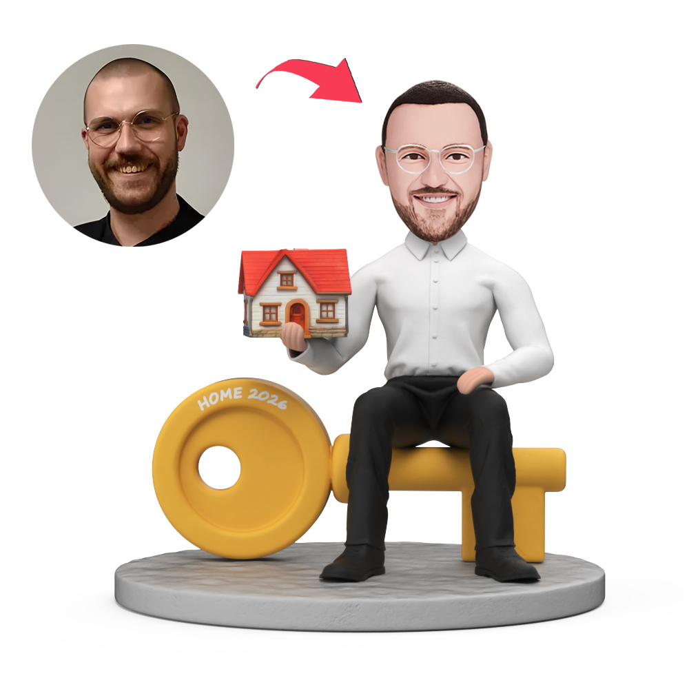 Custom Male in White Shirt Sitting on Key Holding Mini House Custom Bobblehead With Engraved Text Gift