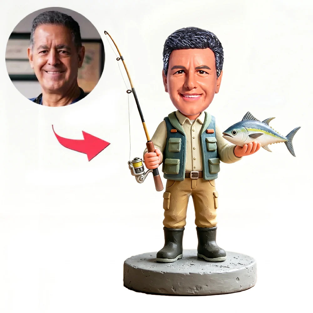 Male Fisherman Holding Fishing Rod, Custom Bobblehead Engraved with Text