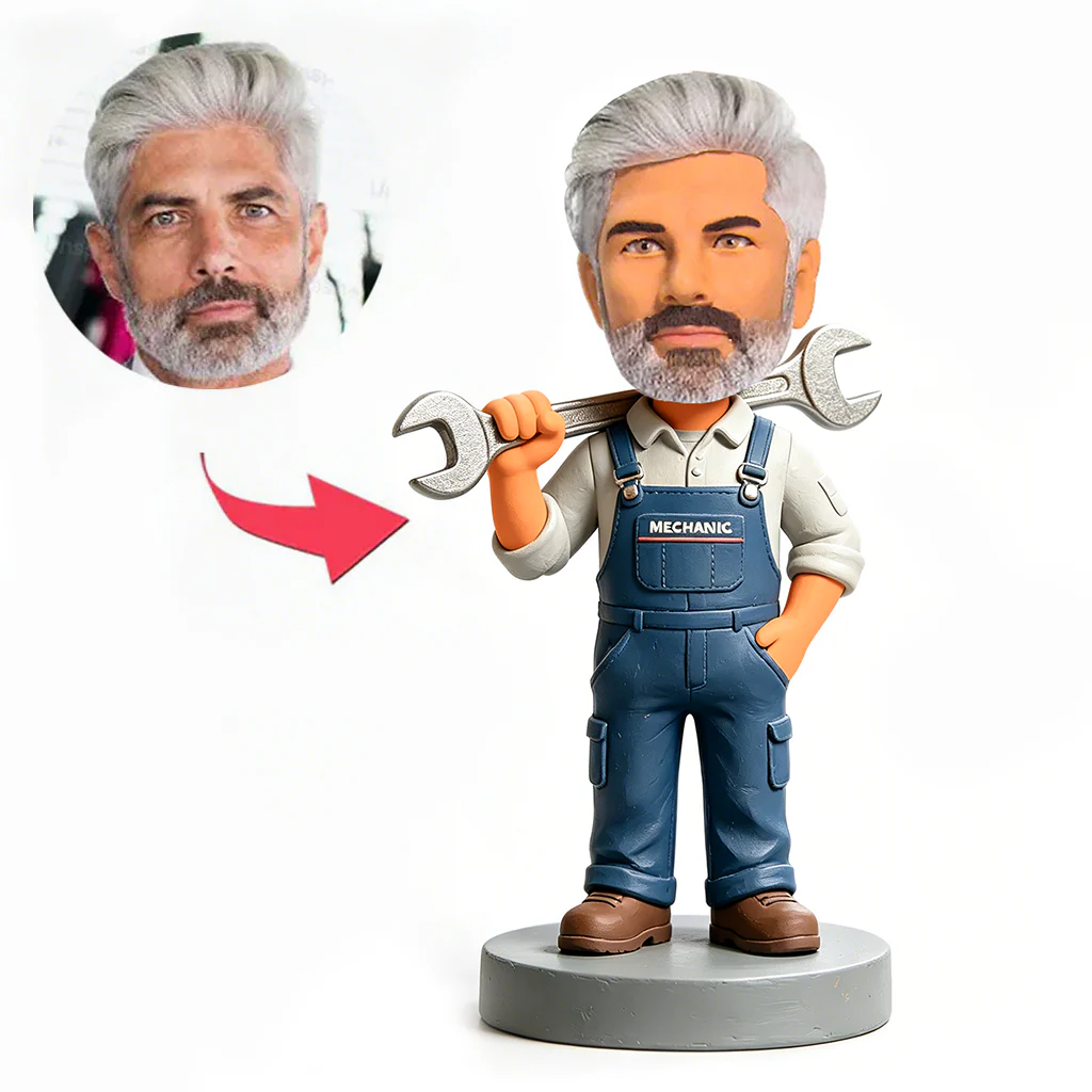 Male Mechanic Holding a Wrench Over Shoulder, Custom Bobblehead Engraved with Text