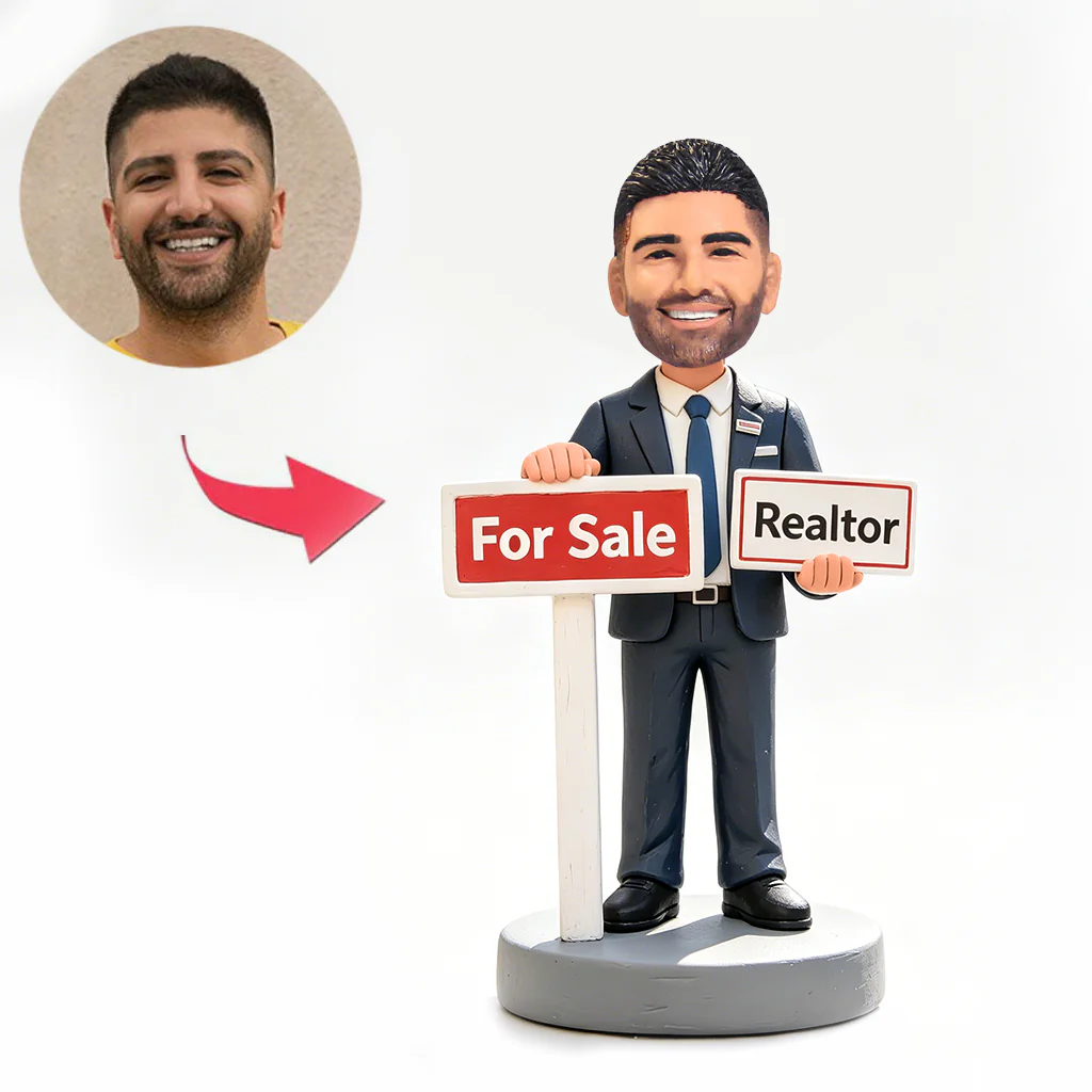 Male Realtor Holding a For Sale Sign Custom Bobblehead Gift For Realtor