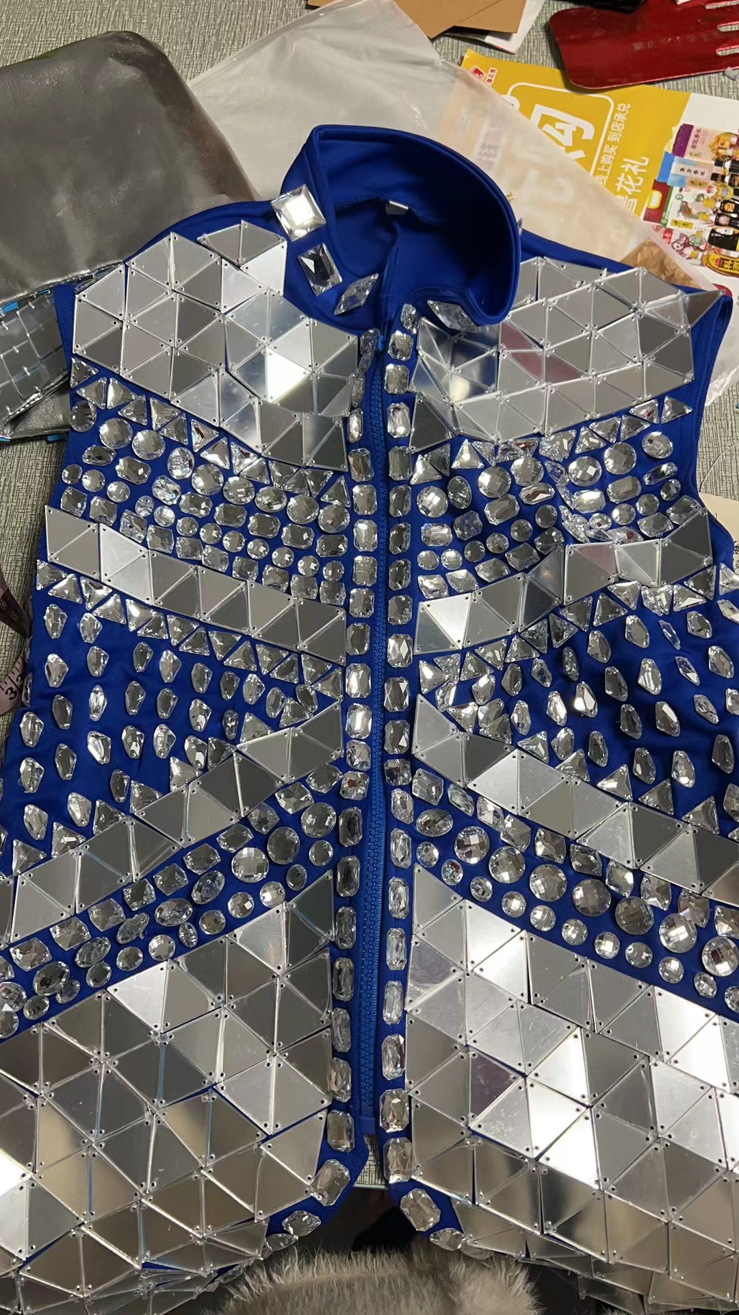 Glitter Mirror Rhinestone Waistcoat Sequin Crystal Vest Coat for Male Singer Bar Concert Stage Performance Drummer Dance Costume