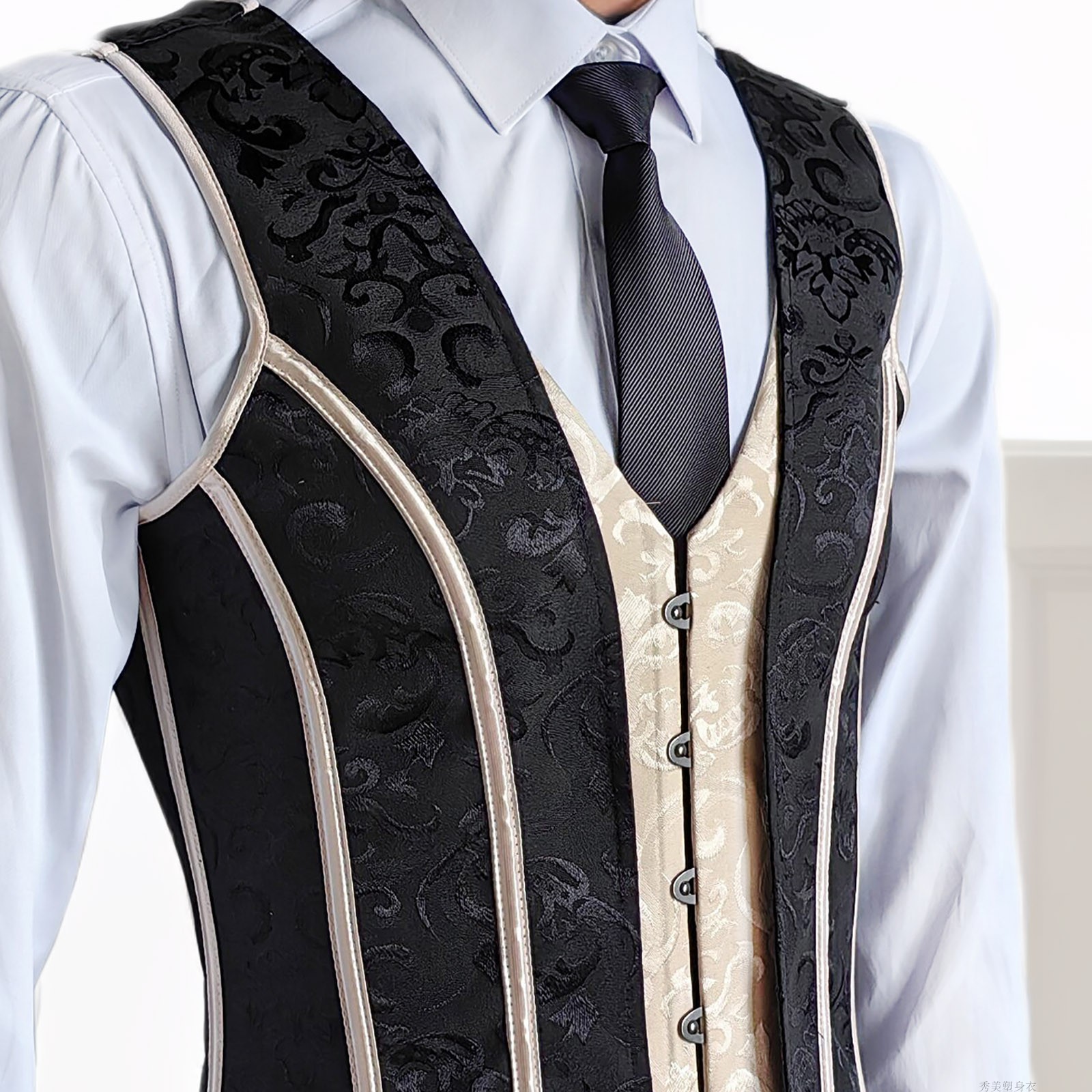 Male Corset Vest Tummy Shaper Dress Waistcoat Lace Up Boned Vintage Vest Waist Trainer Red Print Tight Tops Costume Stage Party