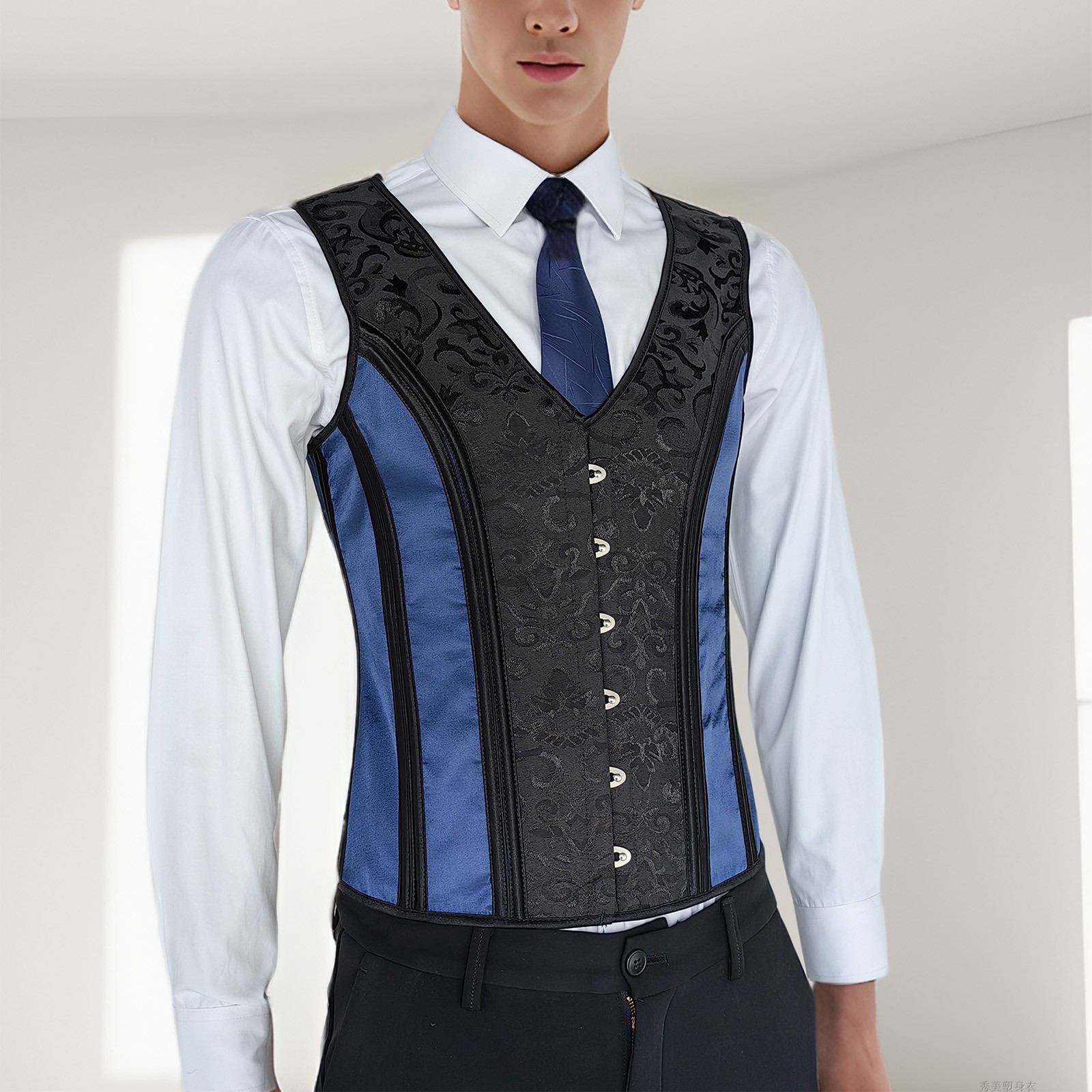 Male Corset Vest Tummy Shaper Dress Waistcoat Lace Up Boned Vintage Vest Waist Trainer Red Print Tight Tops Costume Stage Party