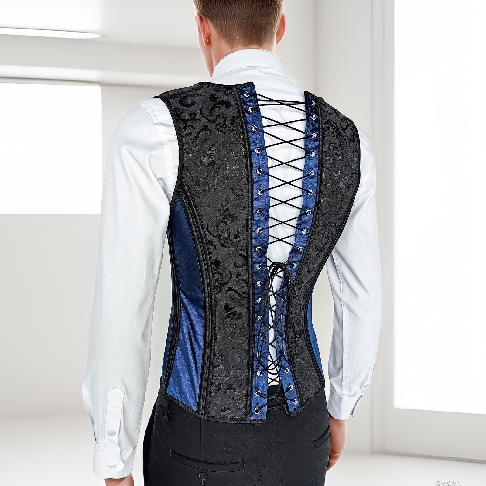 Male Corset Vest Tummy Shaper Dress Waistcoat Lace Up Boned Vintage Vest Waist Trainer Red Print Tight Tops Costume Stage Party