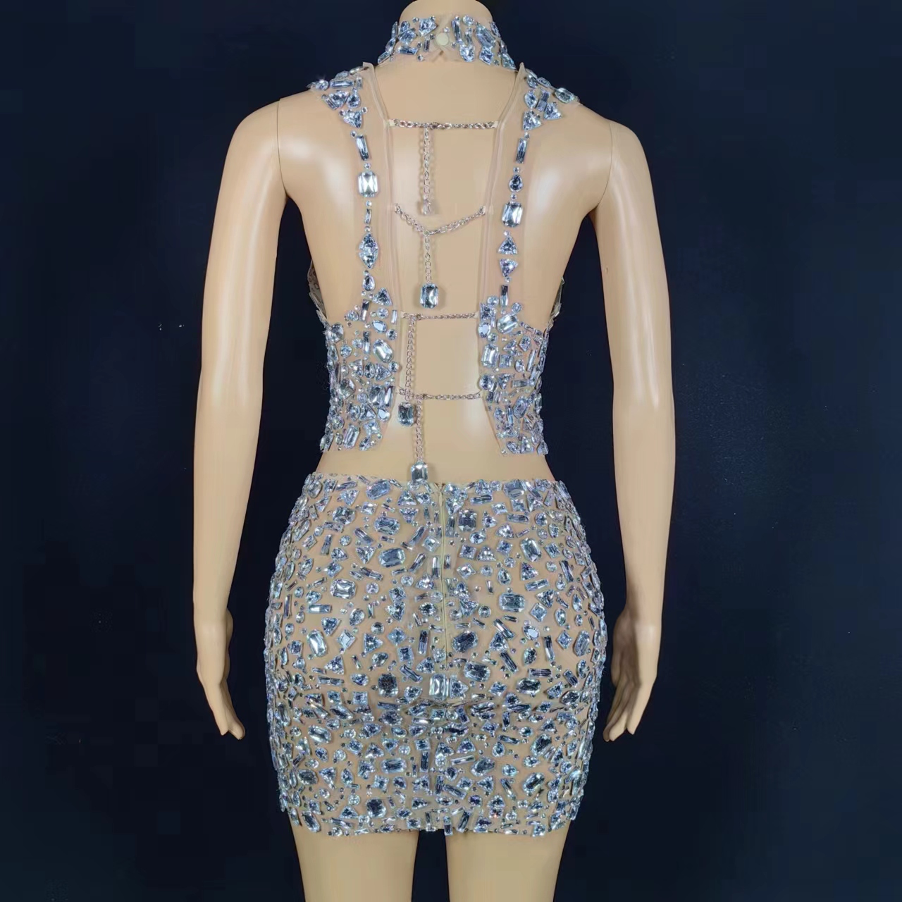 Luxurious Rhinestones Celebrate Evening Birthday Dress Crystals Top Short Skirt Two Pieces Set Performance Photoshoot Wear