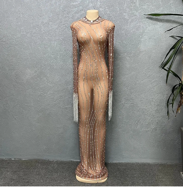 Sparkly Silver Big Rhinestone Transparent Long Dress Evening Birthday Celebrate Luxurious Costume Dancer Flashing Dress