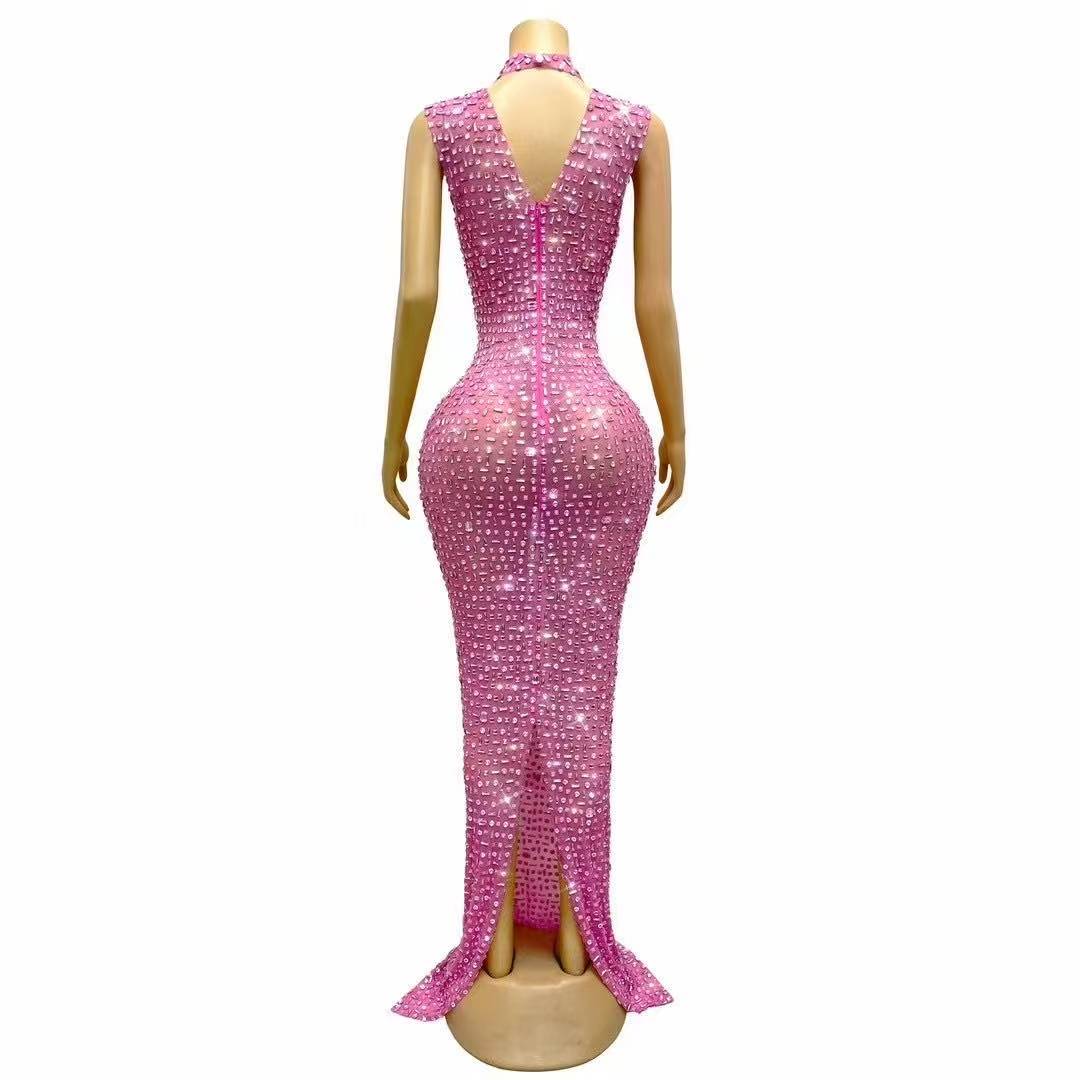 Sparkly Pink Rhinestones Sleeveless Long Dress for Women Sexy Mesh Celebrate Evening Prom Birthday Dress Photo Shoot Wear