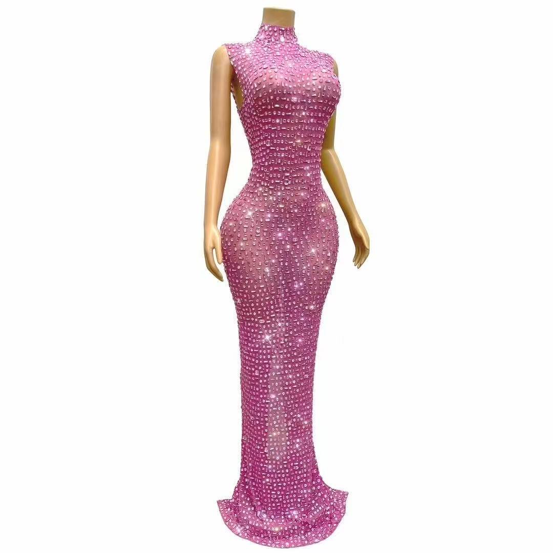 Sparkly Pink Rhinestones Sleeveless Long Dress for Women Sexy Mesh Celebrate Evening Prom Birthday Dress Photo Shoot Wear