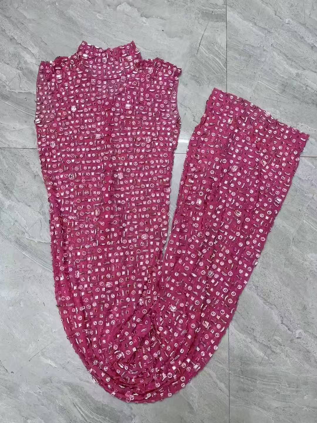 Sparkly Pink Rhinestones Sleeveless Long Dress for Women Sexy Mesh Celebrate Evening Prom Birthday Dress Photo Shoot Wear