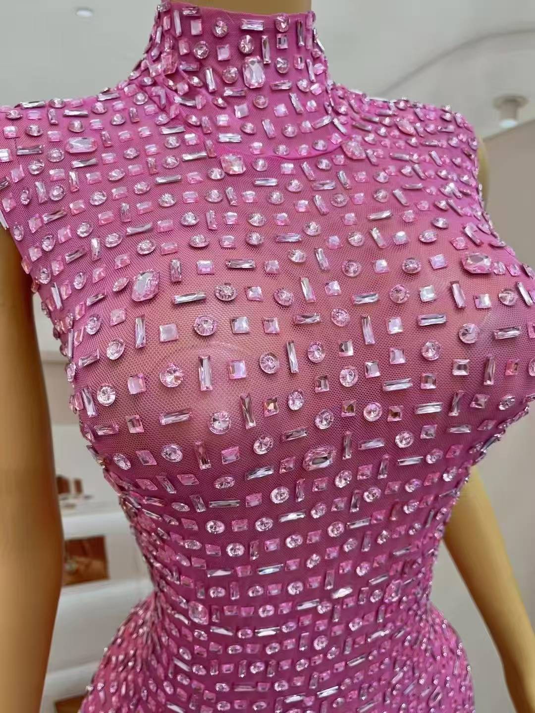 Sparkly Pink Rhinestones Sleeveless Long Dress for Women Sexy Mesh Celebrate Evening Prom Birthday Dress Photo Shoot Wear