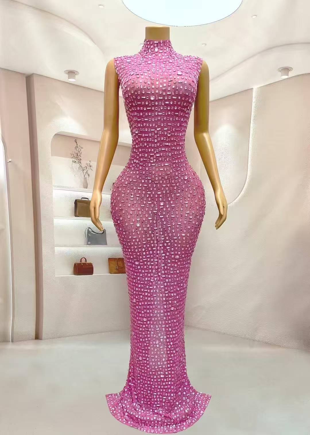 Sparkly Pink Rhinestones Sleeveless Long Dress for Women Sexy Mesh Celebrate Evening Prom Birthday Dress Photo Shoot Wear