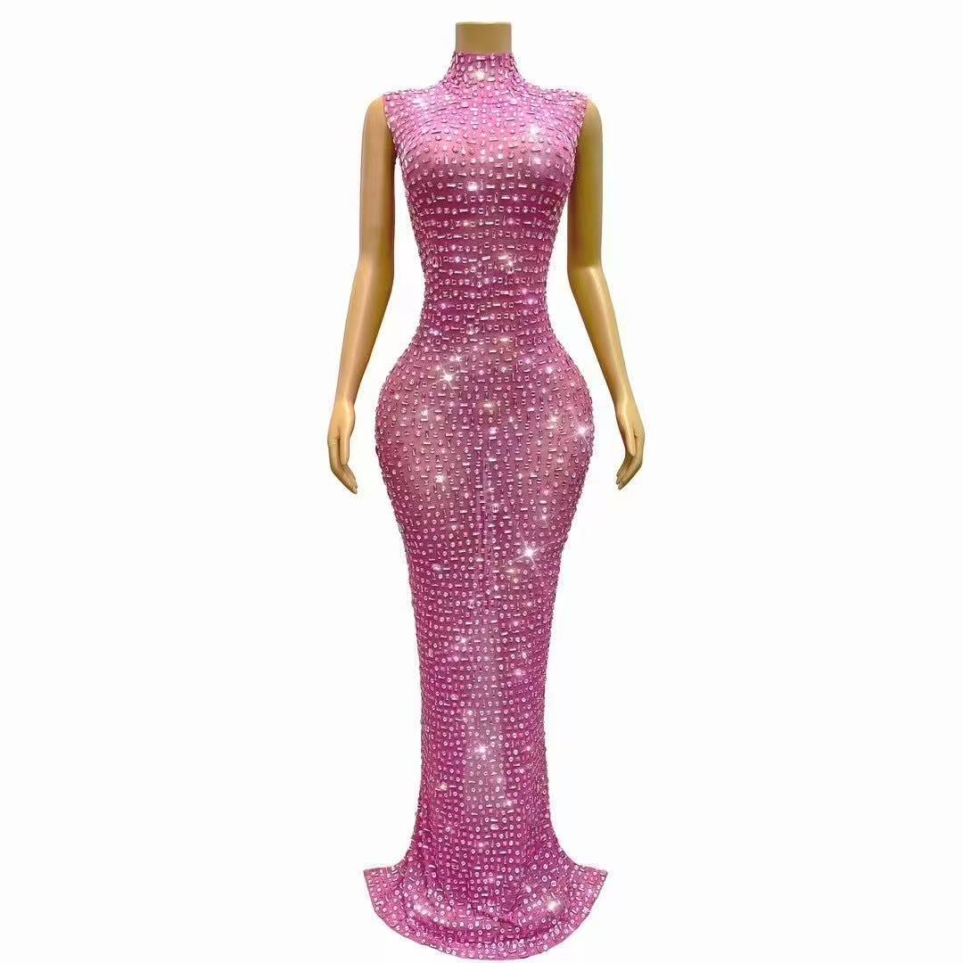 Sparkly Pink Rhinestones Sleeveless Long Dress for Women Sexy Mesh Celebrate Evening Prom Birthday Dress Photo Shoot Wear