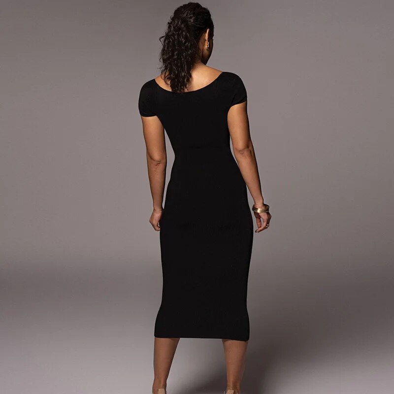 Solid Ribbed Women Short Sleeve Off Shoulder Midi Dress Bodycon Sexy Party Streetwear