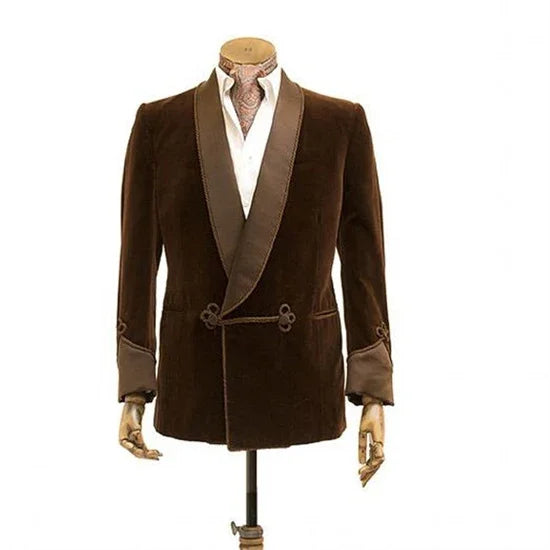 Brown Velvet Smoking Jacket with Double Breasted Men Blazer for Wedding Groom Prom Single Coat Costume