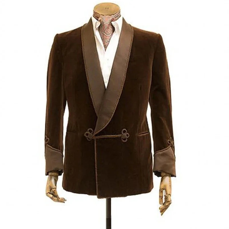Brown Velvet Smoking Jacket with Double Breasted Men Blazer for Wedding Groom Prom Single Coat Costume