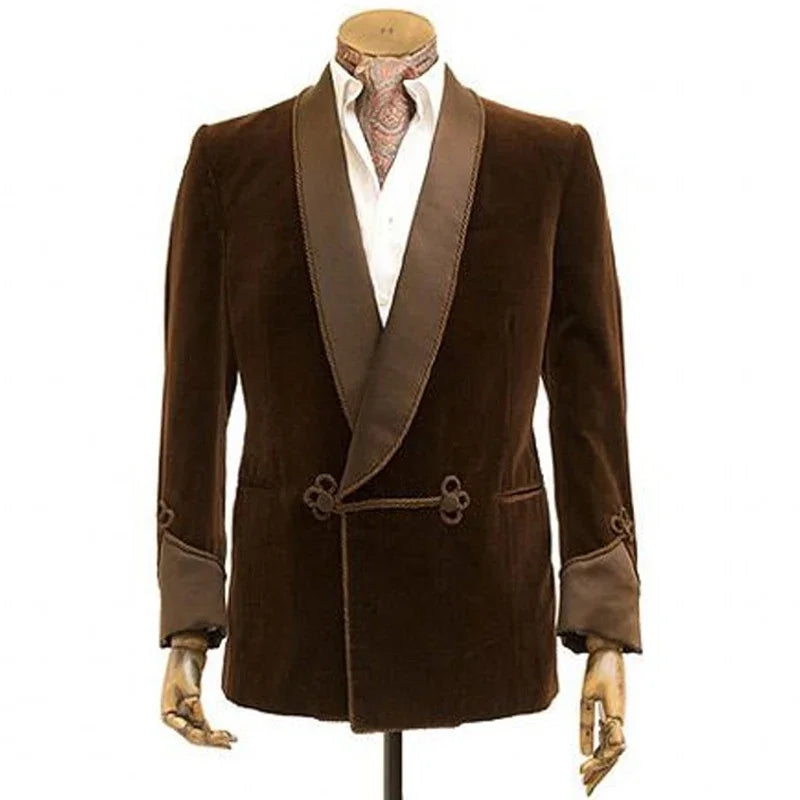Brown Velvet Smoking Jacket with Double Breasted Men Blazer for Wedding Groom Prom Single Coat Costume