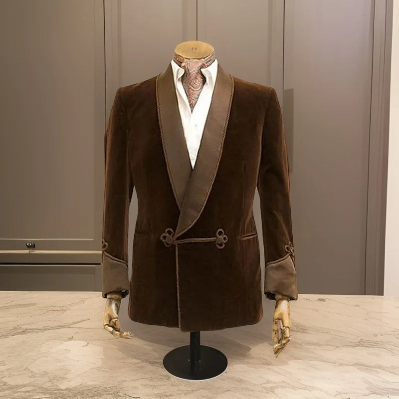Brown Velvet Smoking Jacket with Double Breasted Men Blazer for Wedding Groom Prom Single Coat Costume