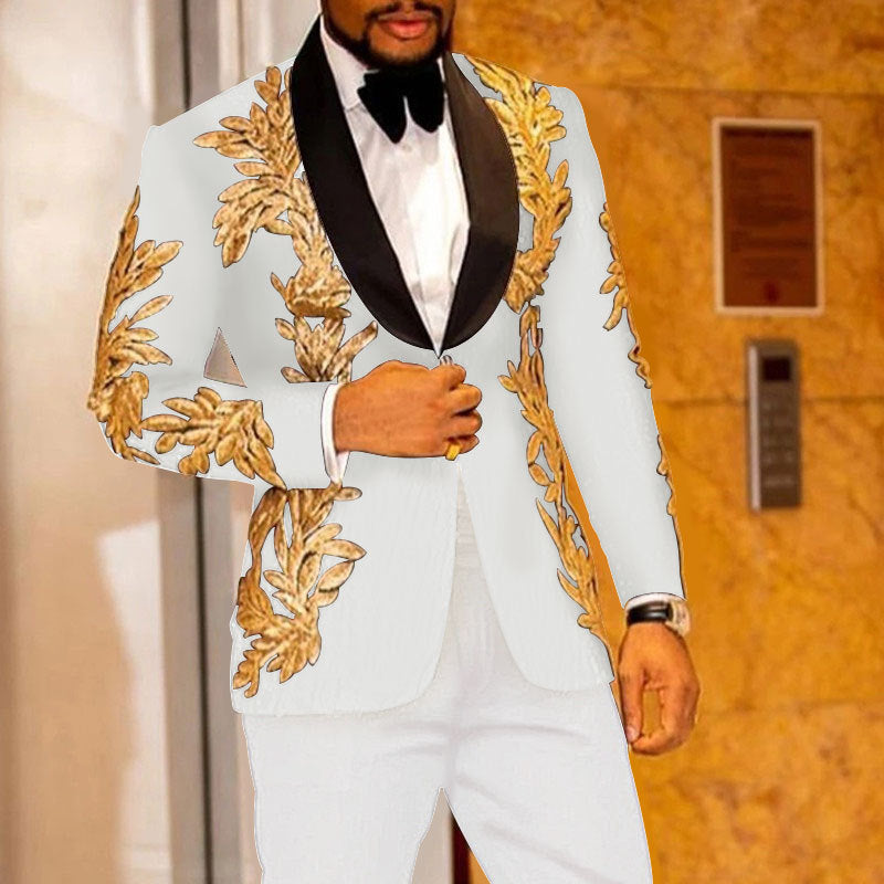 High Quality Men's Gold Sequins Floral 2 Pieces Set Male Singer Host Shiny Embroidery Suit Groom Wedding Tuxedo with Pants