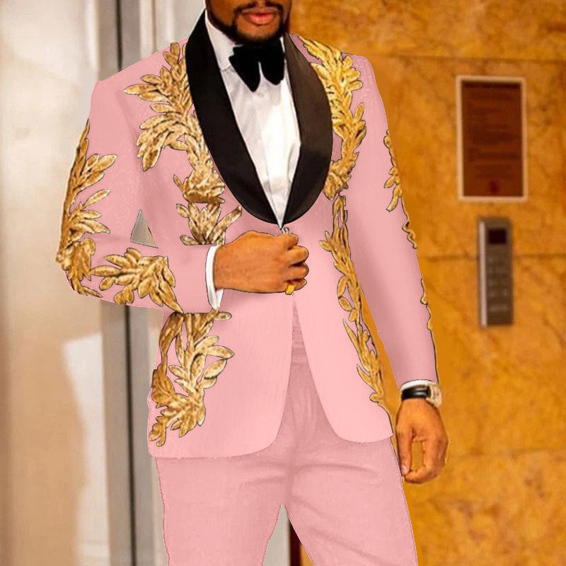 High Quality Men's Gold Sequins Floral 2 Pieces Set Male Singer Host Shiny Embroidery Suit Groom Wedding Tuxedo with Pants