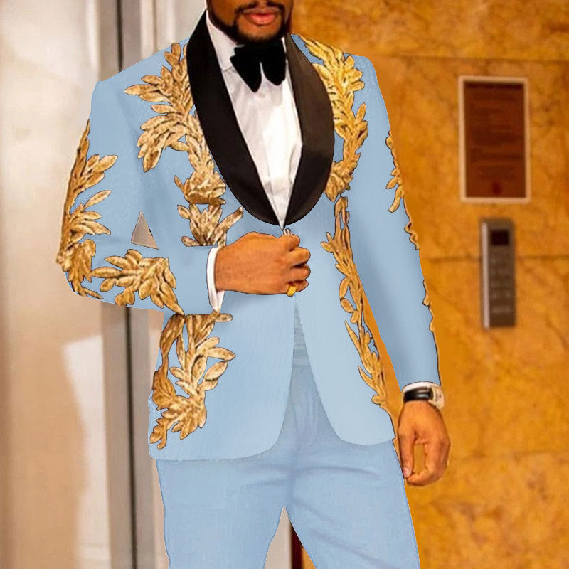 High Quality Men's Gold Sequins Floral 2 Pieces Set Male Singer Host Shiny Embroidery Suit Groom Wedding Tuxedo with Pants
