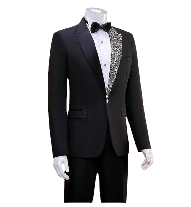 Diamonds Crystals Luxury BlackWedding Groom Men Suits 2 Piece Blazer Pants One Button Tuxedo Formal Work Prom Plus Size Tailored