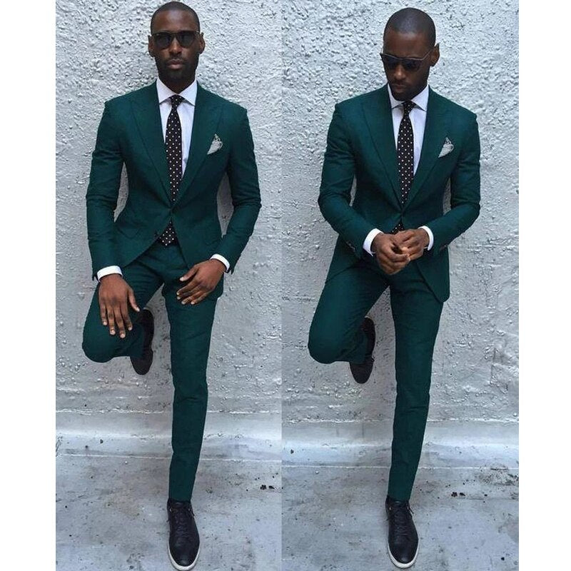 2 Piece Dark Lapel 2 Buttons Green Slim Men Suits Wedding Groomsmen Groom Tuxedos For Party Prom Business (Jacket+Pants)