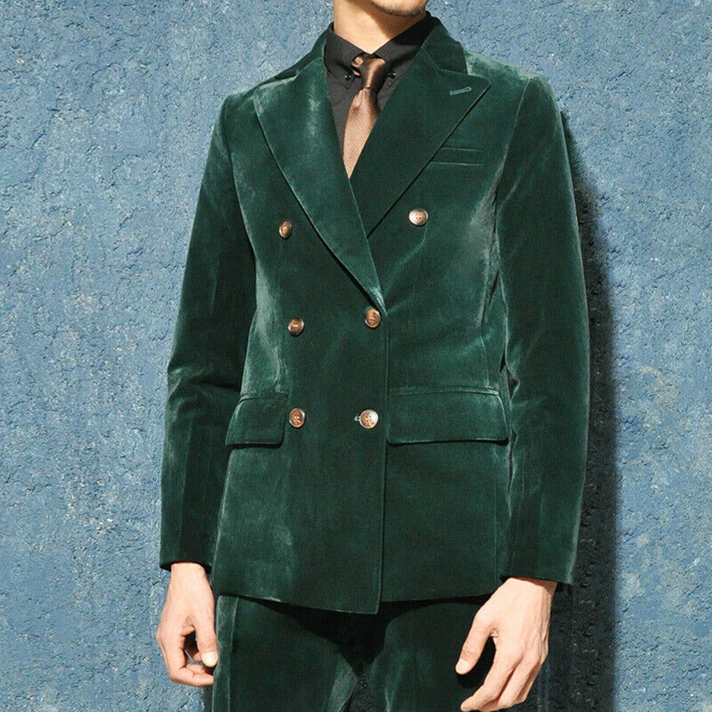 2 Pieces Men Suits Green Velvet Costumes Hommes Custom Made Formal Wedding Tuexdos Prom Blazer+Pant Suit Sets