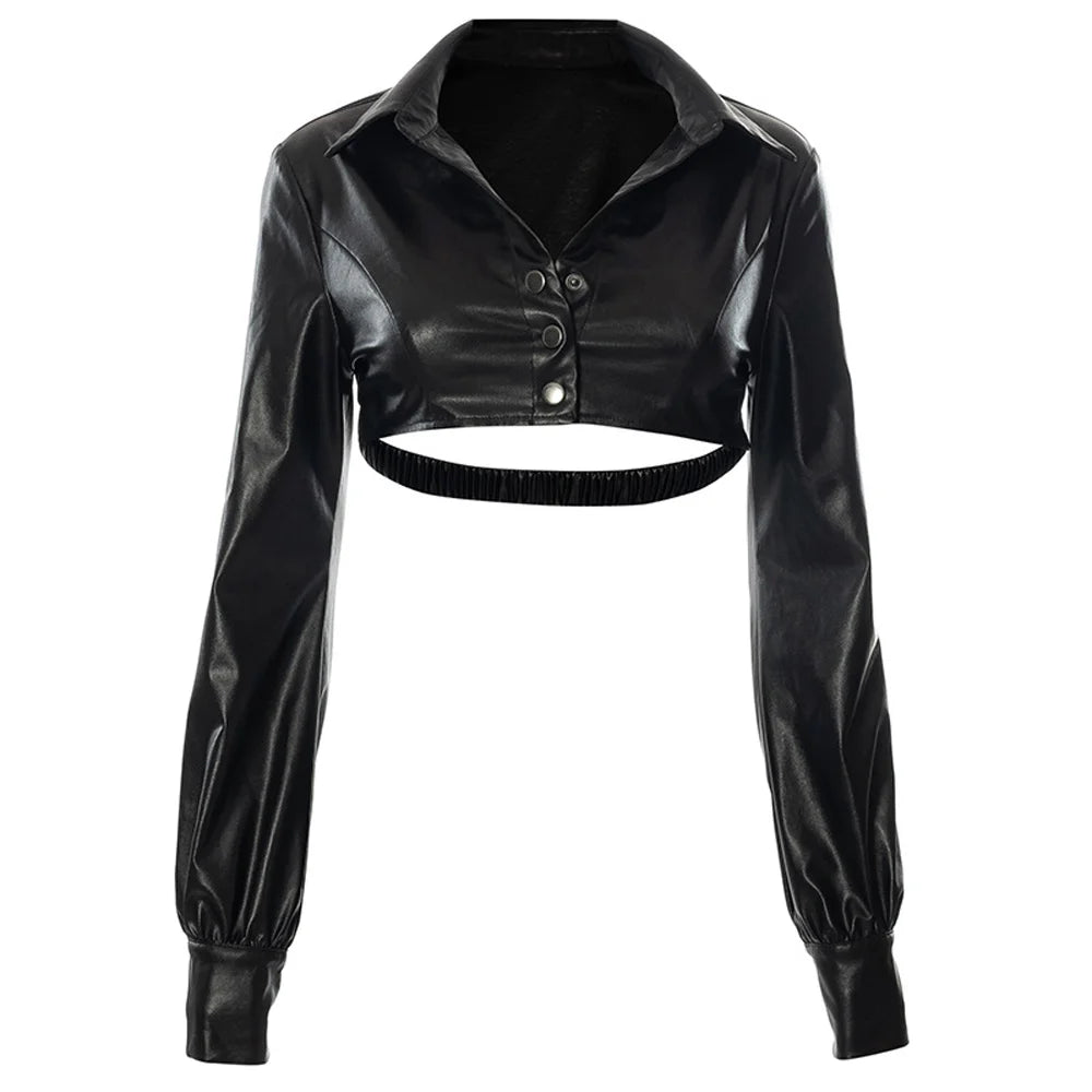 Autumn/winter Lapel Long Sleeve Snap Button Sexy Navel Pu Leather Jacket