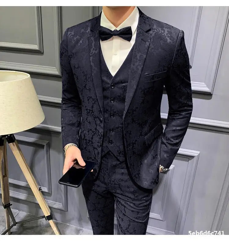 3 Pieces Men Suits Dark Green Printed Floral Groom Smoking Prom Best Man Blazer Slim Fit Men Wedding Suits