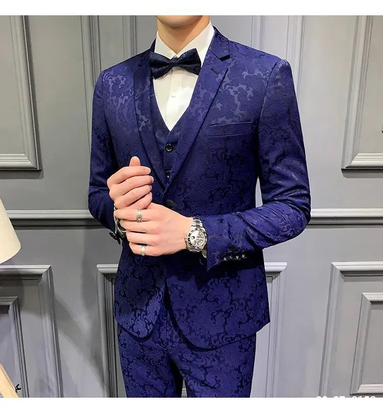 3 Pieces Men Suits Dark Green Printed Floral Groom Smoking Prom Best Man Blazer Slim Fit Men Wedding Suits