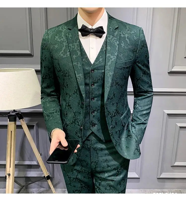 3 Pieces Men Suits Dark Green Printed Floral Groom Smoking Prom Best Man Blazer Slim Fit Men Wedding Suits