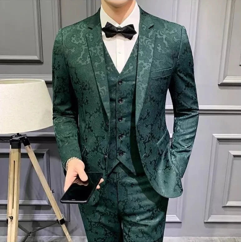 3 Pieces Men Suits Dark Green Printed Floral Groom Smoking Prom Best Man Blazer Slim Fit Men Wedding Suits