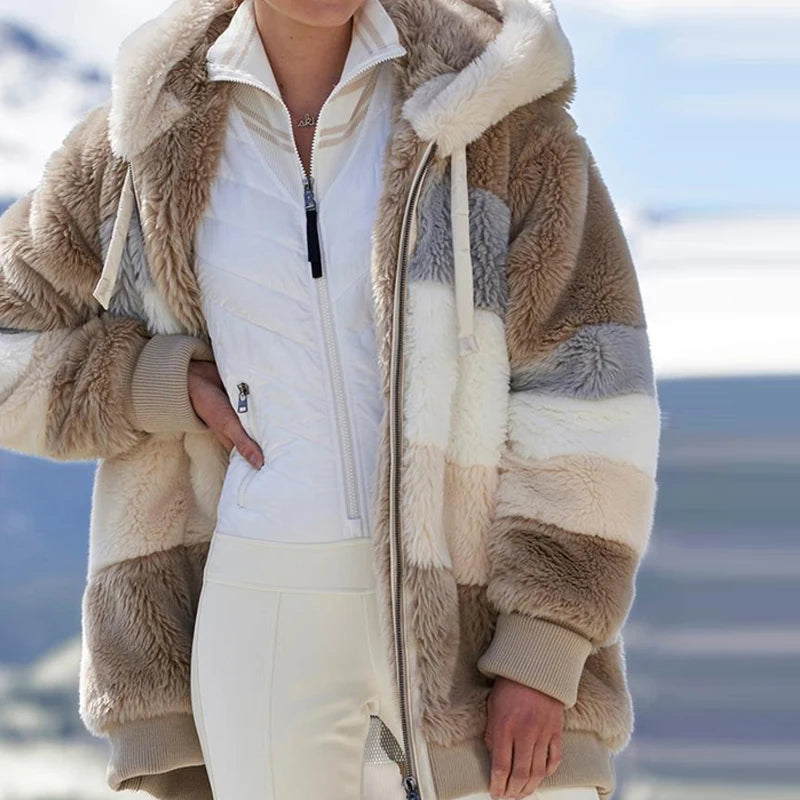 Winter Women Plush Coat Hooded Zipper Jackets Casual Oversized Stitching Plaid Faux Fur Warm Ladies Parka Jacket