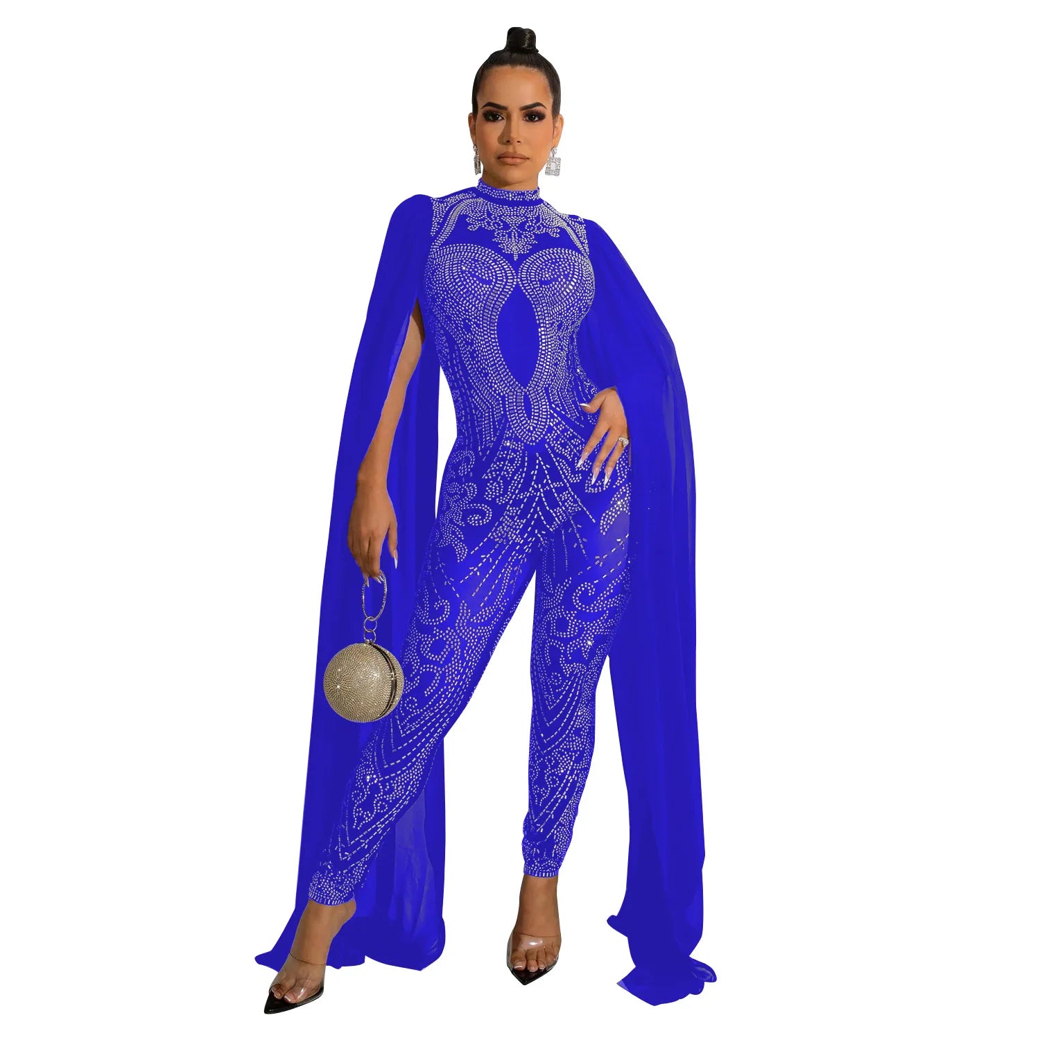 Sexy Club Diamonds Sweet Deep V-Neck Full Asymmetrical Sleeve Women High Waist Long Pencil Jumpsuits