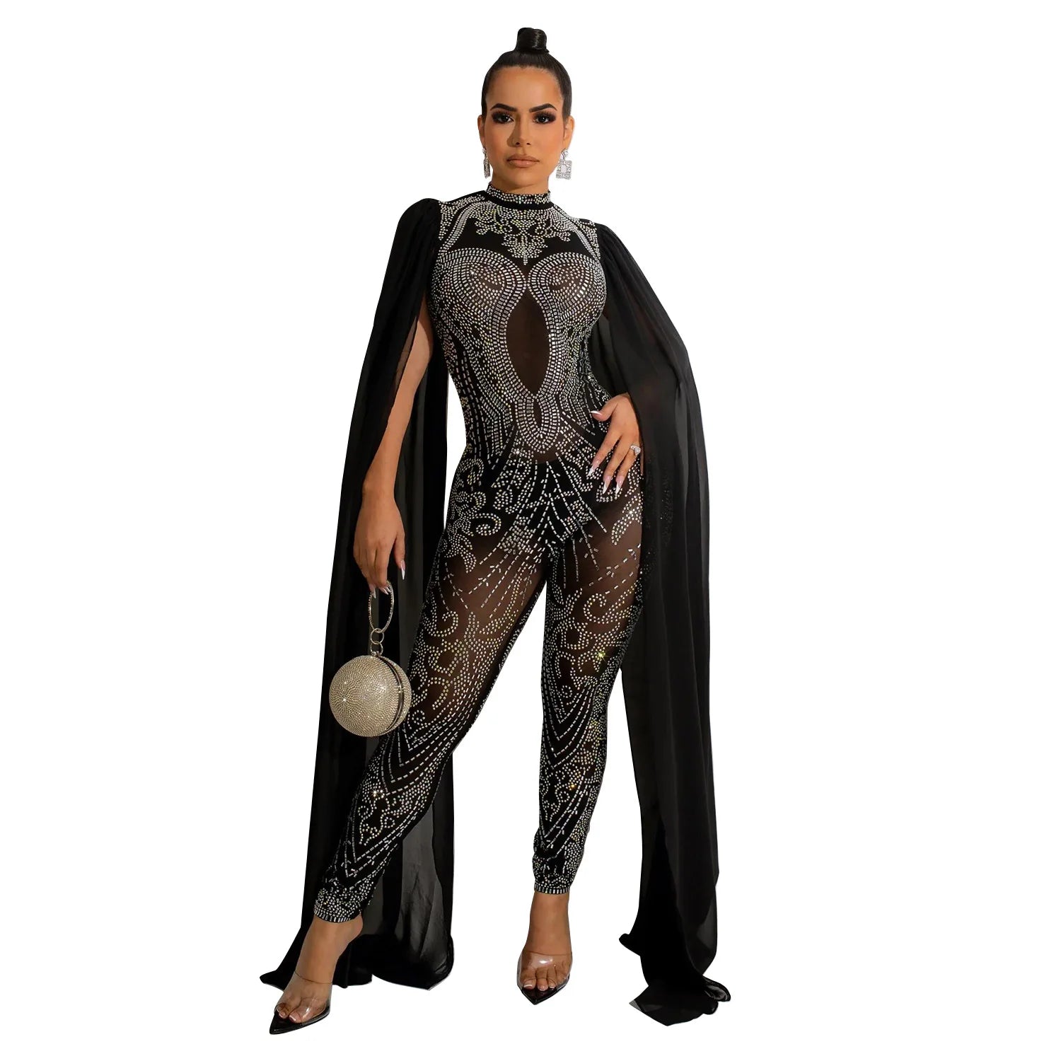 Sexy Club Diamonds Sweet Deep V-Neck Full Asymmetrical Sleeve Women High Waist Long Pencil Jumpsuits