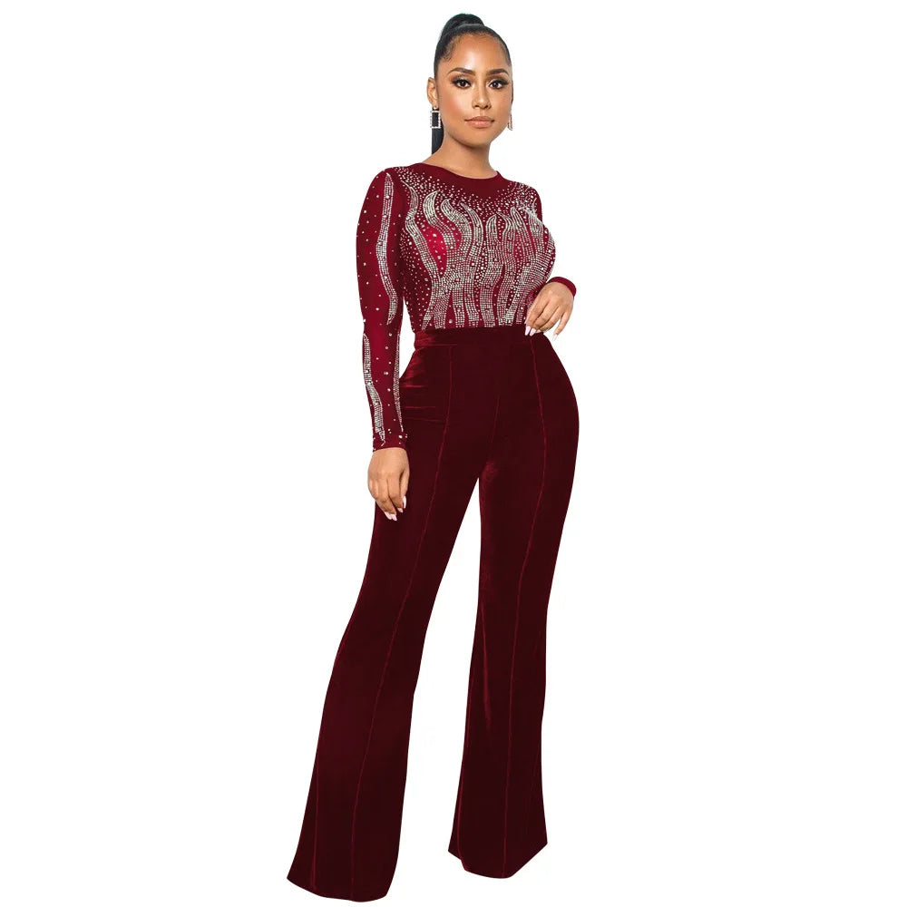Autumn High-end Young Sexy Suede Jumpsuits Office Lady Sweet Round Neck Full Sleeve Women High Waist Wide Leg Jumpsuits