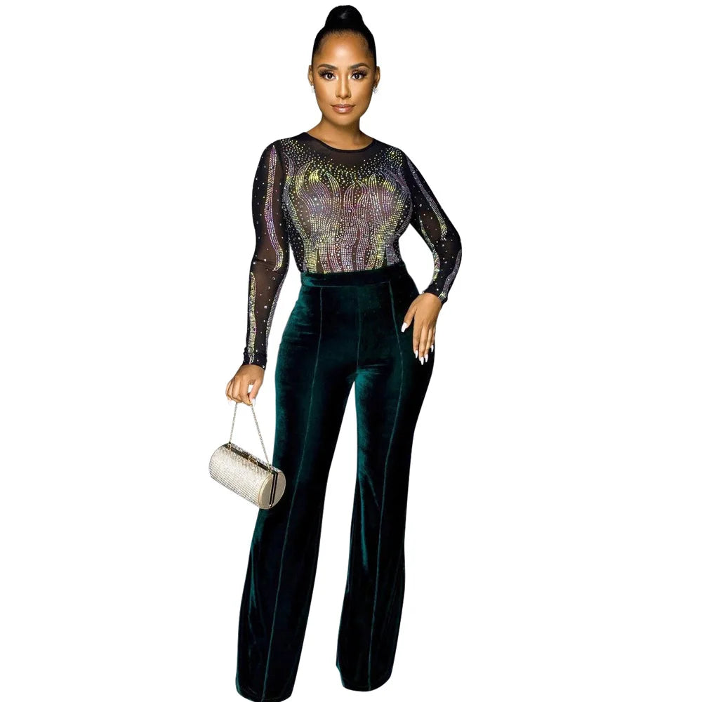 Autumn High-end Young Sexy Suede Jumpsuits Office Lady Sweet Round Neck Full Sleeve Women High Waist Wide Leg Jumpsuits