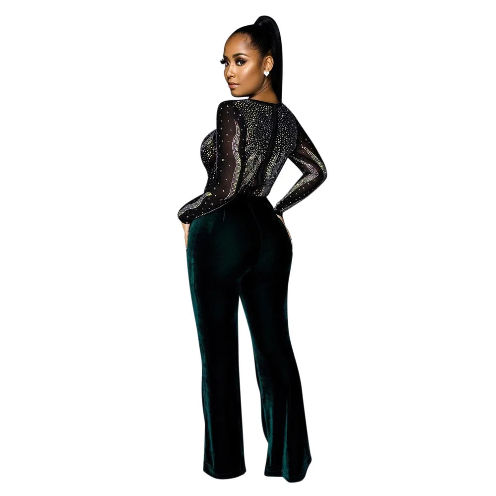 Autumn High-end Young Sexy Suede Jumpsuits Office Lady Sweet Round Neck Full Sleeve Women High Waist Wide Leg Jumpsuits