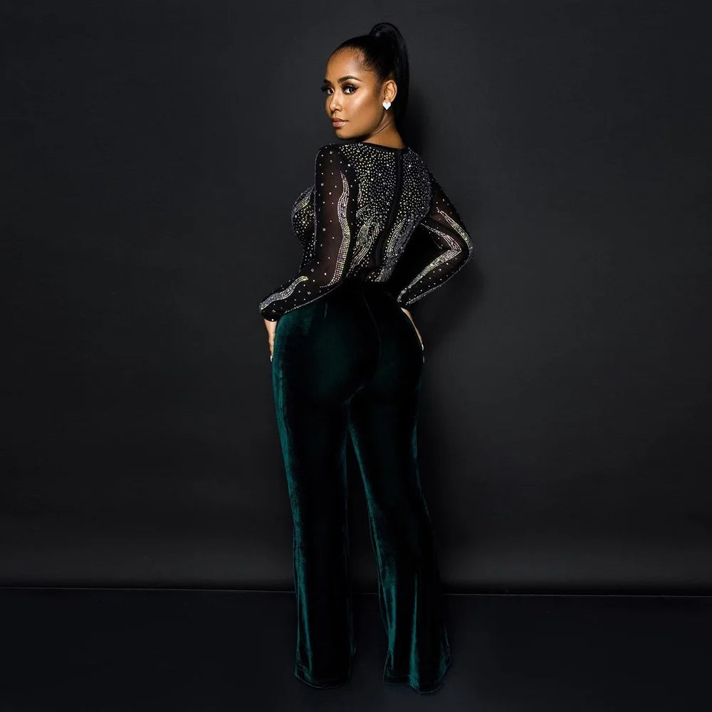 Autumn High-end Young Sexy Suede Jumpsuits Office Lady Sweet Round Neck Full Sleeve Women High Waist Wide Leg Jumpsuits