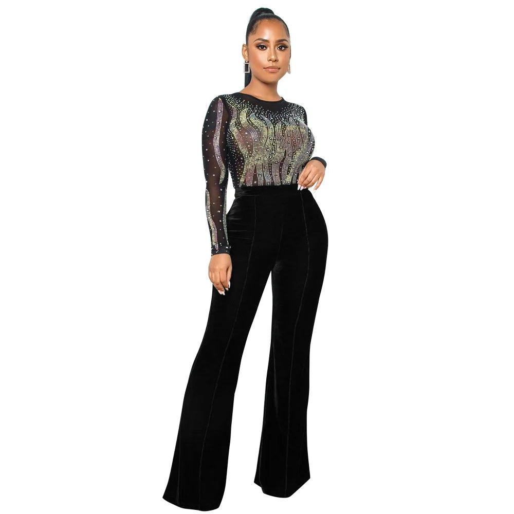 Autumn High-end Young Sexy Suede Jumpsuits Office Lady Sweet Round Neck Full Sleeve Women High Waist Wide Leg Jumpsuits