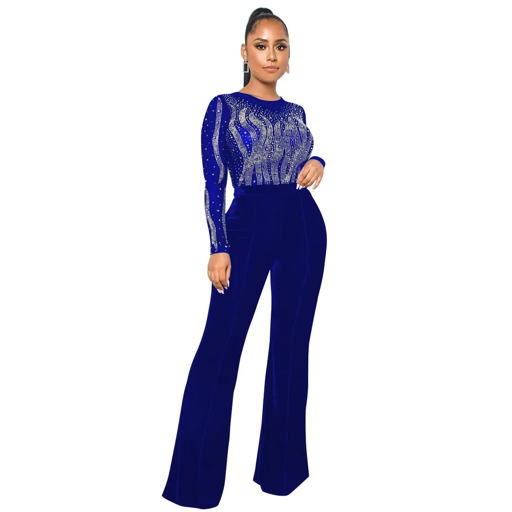Autumn High-end Young Sexy Suede Jumpsuits Office Lady Sweet Round Neck Full Sleeve Women High Waist Wide Leg Jumpsuits