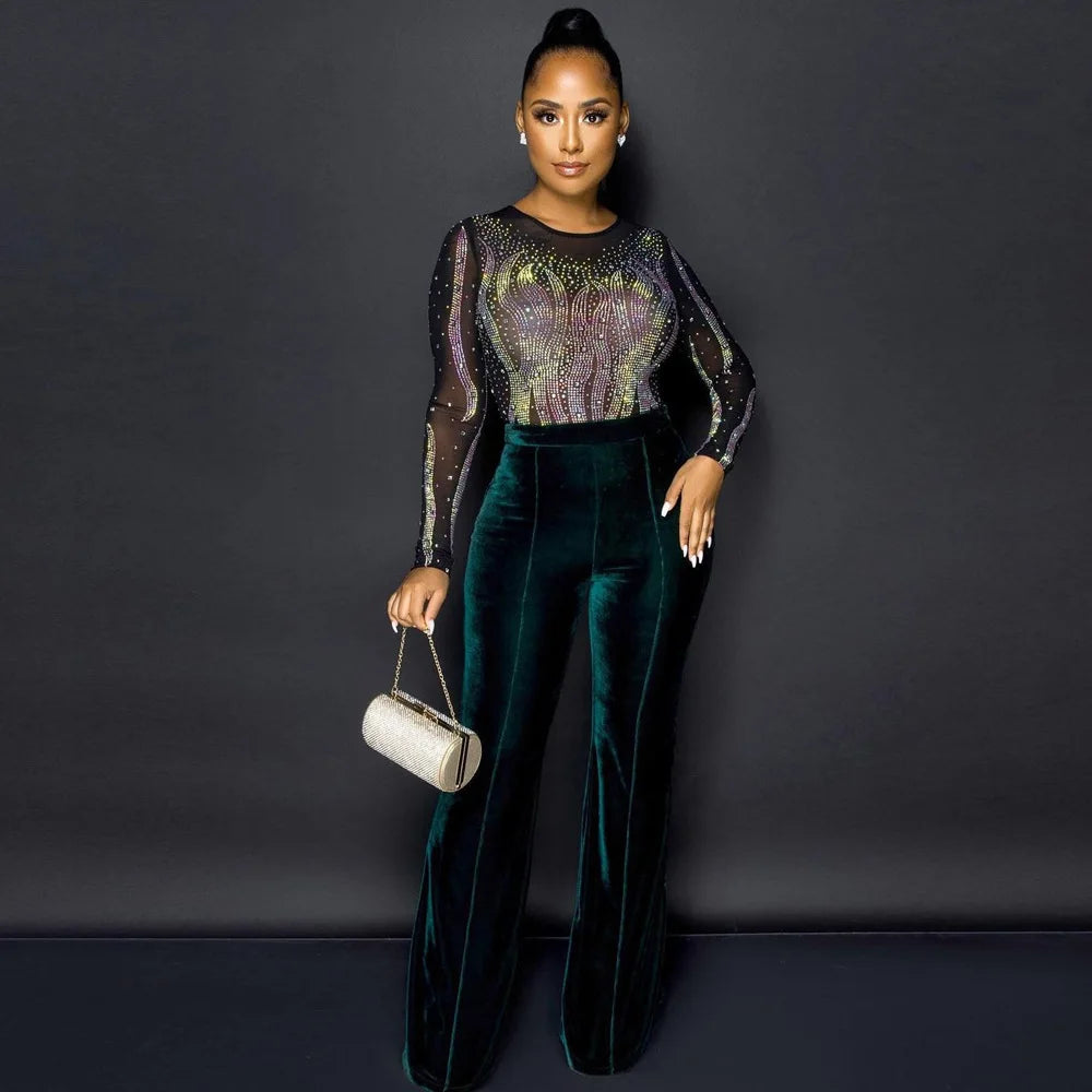 Autumn High-end Young Sexy Suede Jumpsuits Office Lady Sweet Round Neck Full Sleeve Women High Waist Wide Leg Jumpsuits