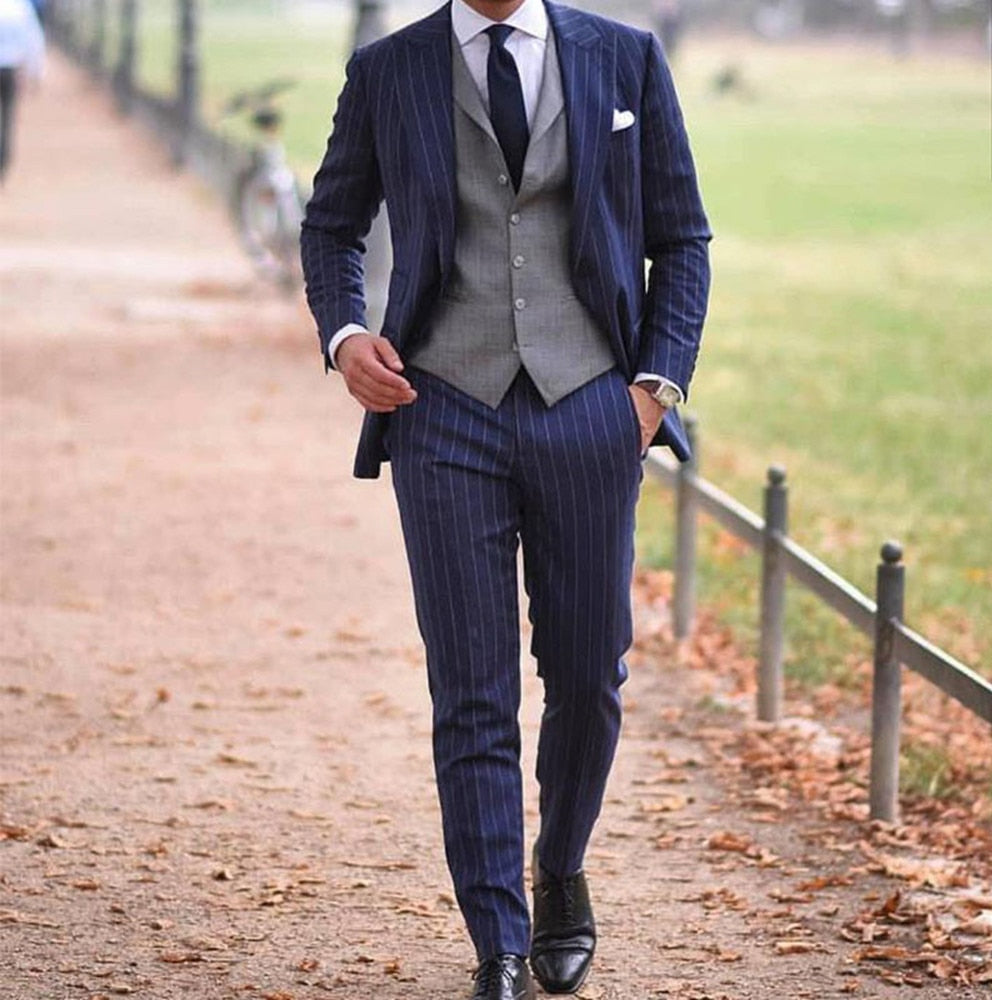 Costume Homme Blue Stripe 3 Piece Slim Fit Men Suit Light Grey Waistcoat Custom Groom Wedding Tuxedo Prom Wedding Men Suit