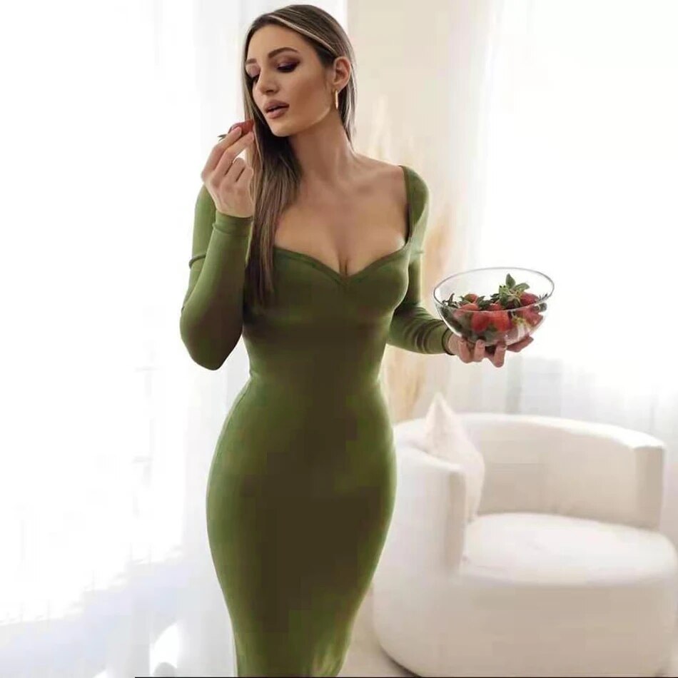 New Women's Long Sleeve Slim Dress Sexy V-neck Halter Tight Bandage Midi Elegant Celebrity Runway Party Dress Vestidos