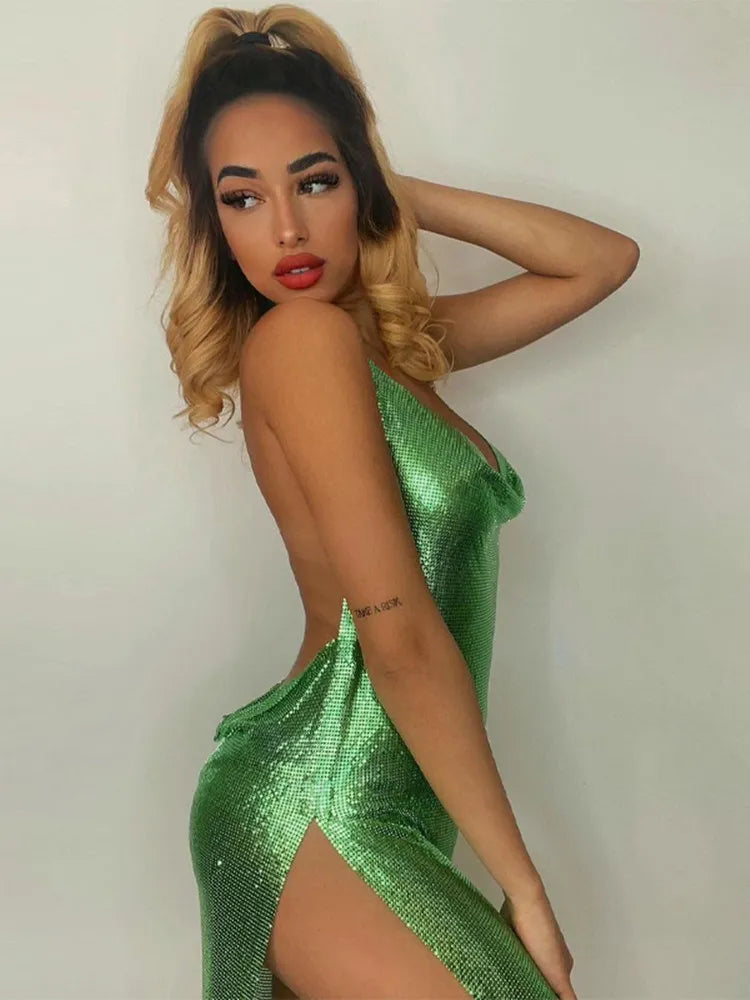 Clothes Bling Glitter Women Halter Mini Dress Side Slit Backless Bodycon Sexy Streetwear Party Club Festival