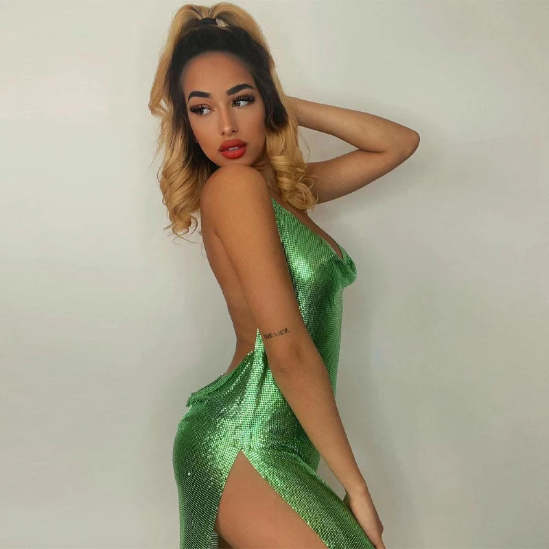 Clothes Bling Glitter Women Halter Mini Dress Side Slit Backless Bodycon Sexy Streetwear Party Club Festival